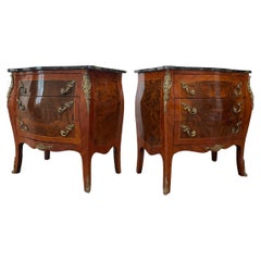 Antique Pair French Bombe Commodes Chest of Drawers Marble Tops Brass Ormulu