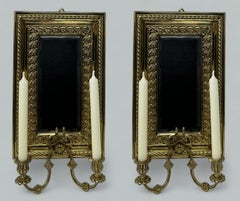 Antique Pair French Brass Girandole Wall Applique Sconces Mirrors Candlesticks