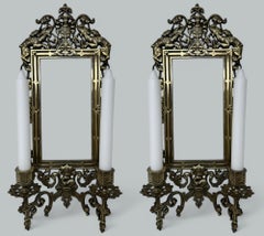 Antique Pair French Brass Girandole Wall Applique Sconces Mirrors Candlesticks