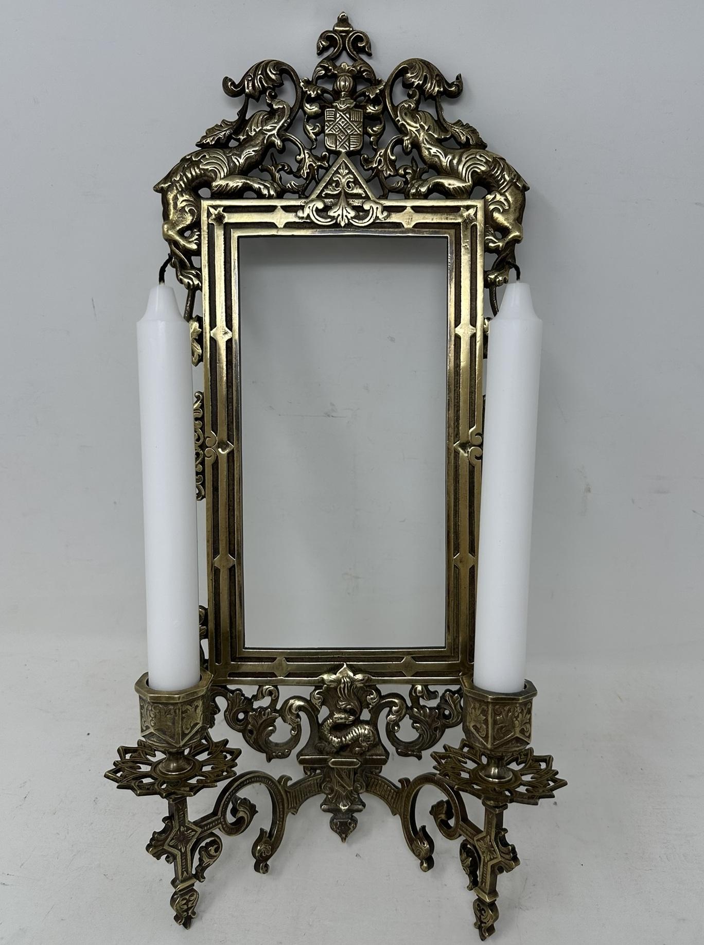 Victorian Antique Pair French Brass Girandole Wall Applique Sconces Mirrors Candlesticks For Sale