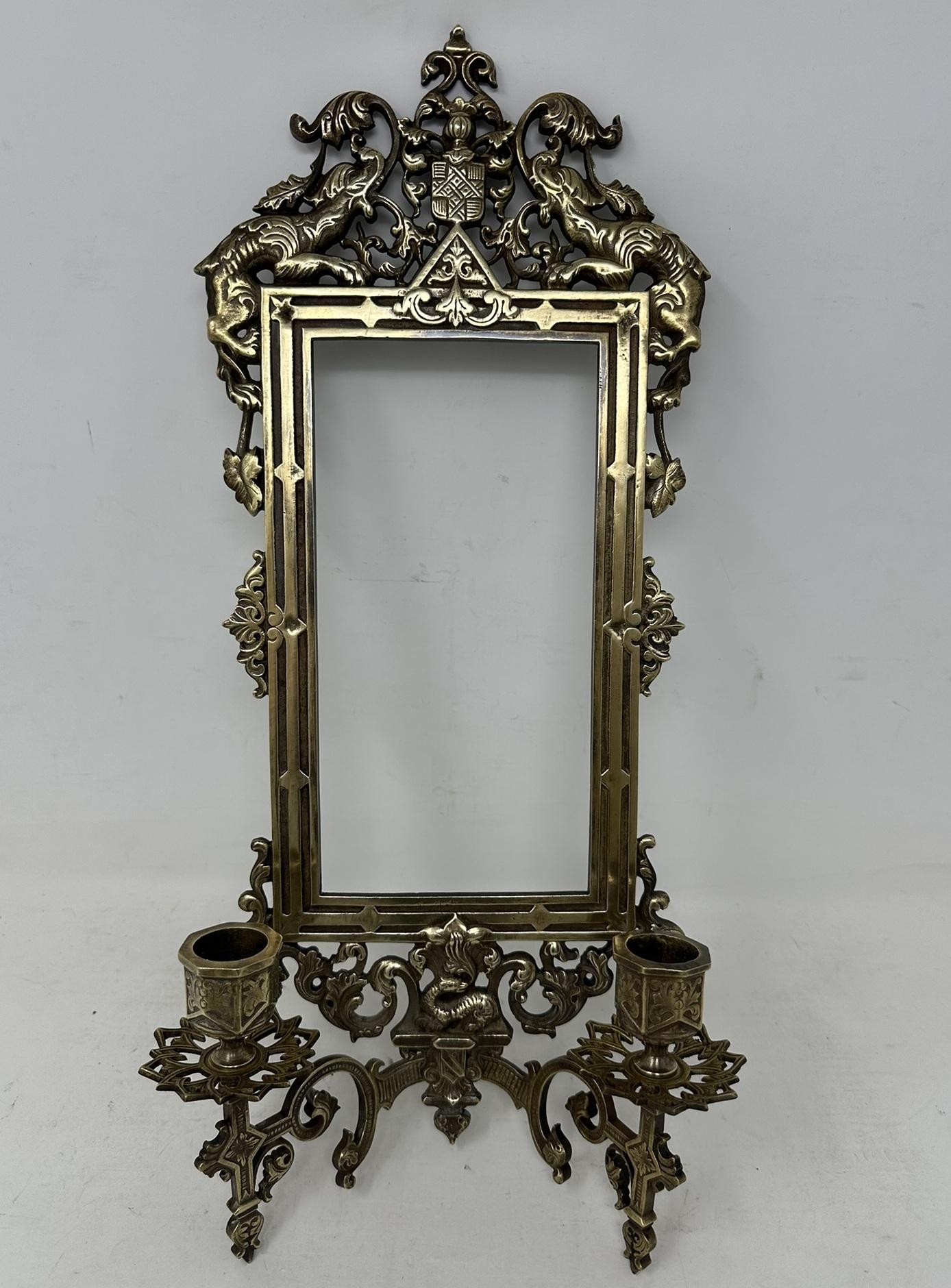 Polished Antique Pair French Brass Girandole Wall Applique Sconces Mirrors Candlesticks For Sale