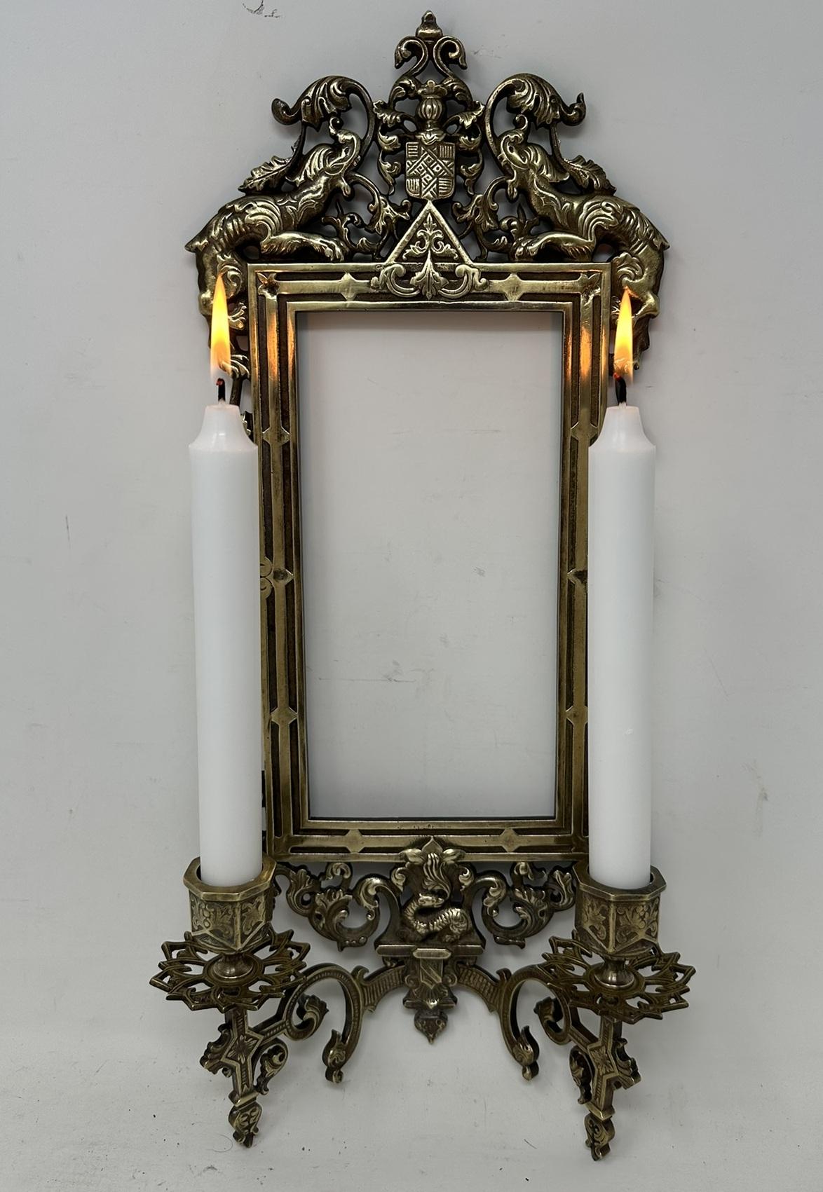 Antique Pair French Brass Girandole Wall Applique Sconces Mirrors Candlesticks In Good Condition For Sale In Dublin, Ireland