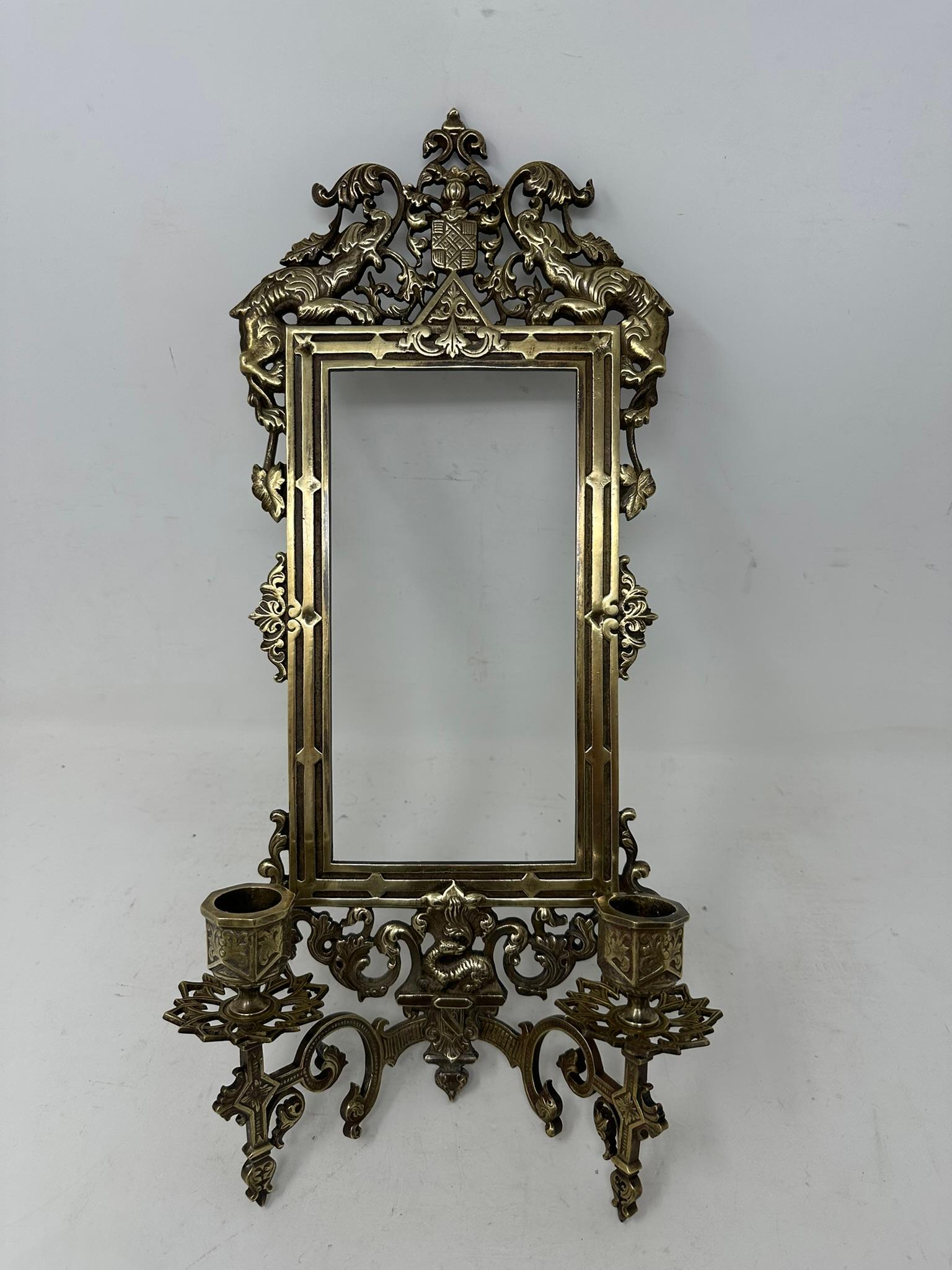 19th Century Antique Pair French Brass Girandole Wall Applique Sconces Mirrors Candlesticks For Sale
