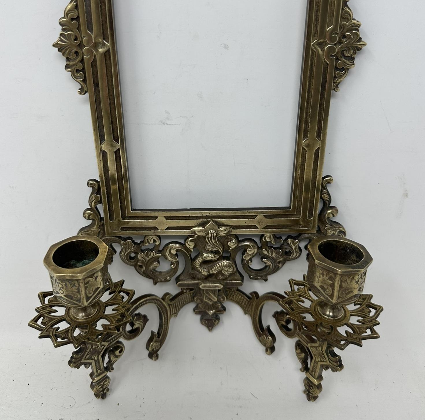 Antique Pair French Brass Girandole Wall Applique Sconces Mirrors Candlesticks For Sale 2