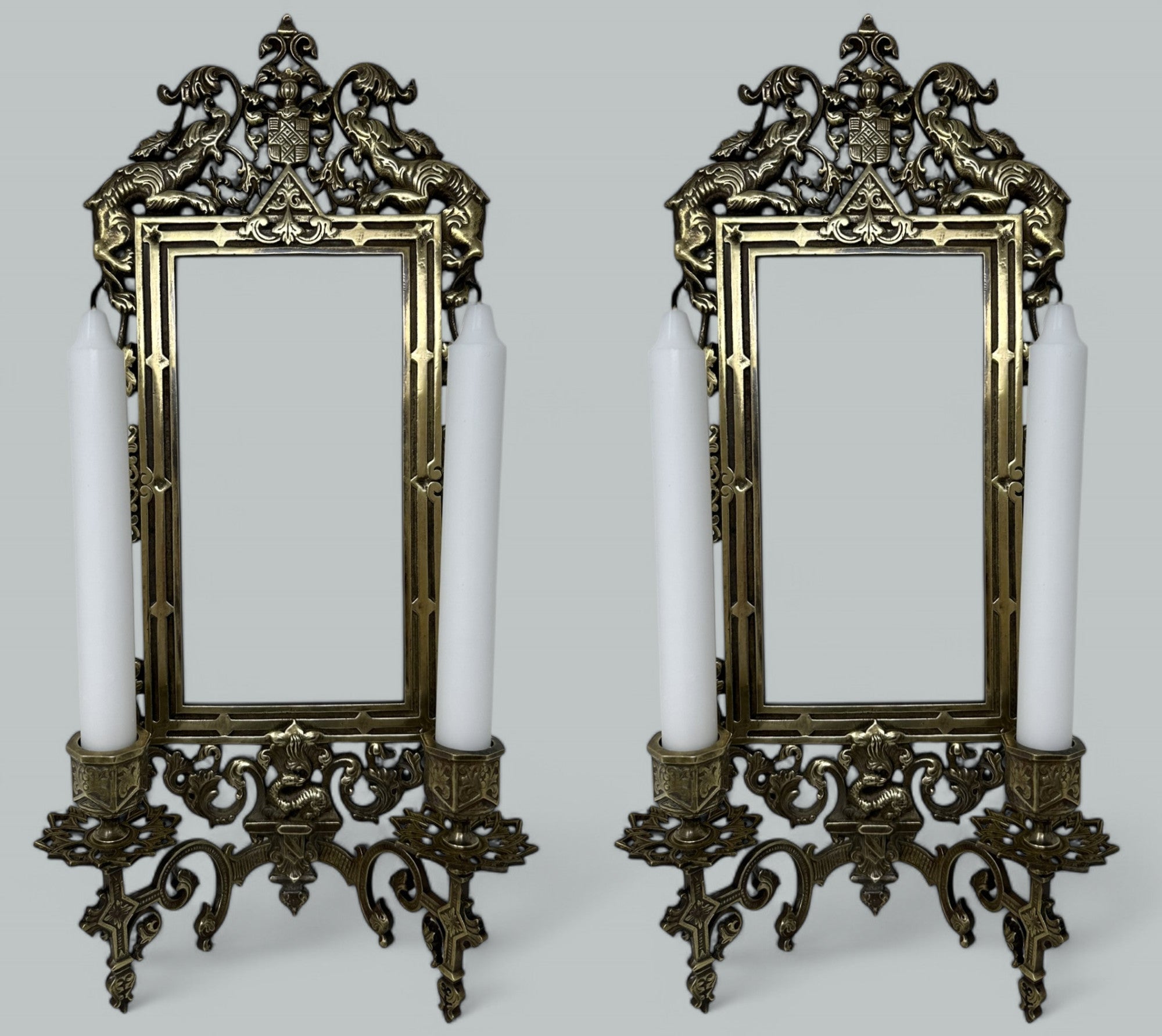 Antique Pair French Brass Girandole Wall Applique Sconces Mirrors Candlesticks For Sale