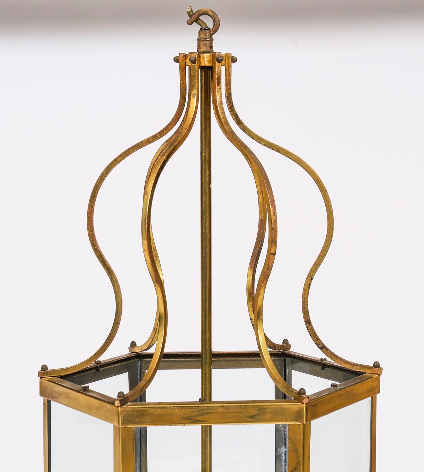 Antique Pair French Brass Hexagonal Hall Three Light Lanterns Circa1900 For Sale 6