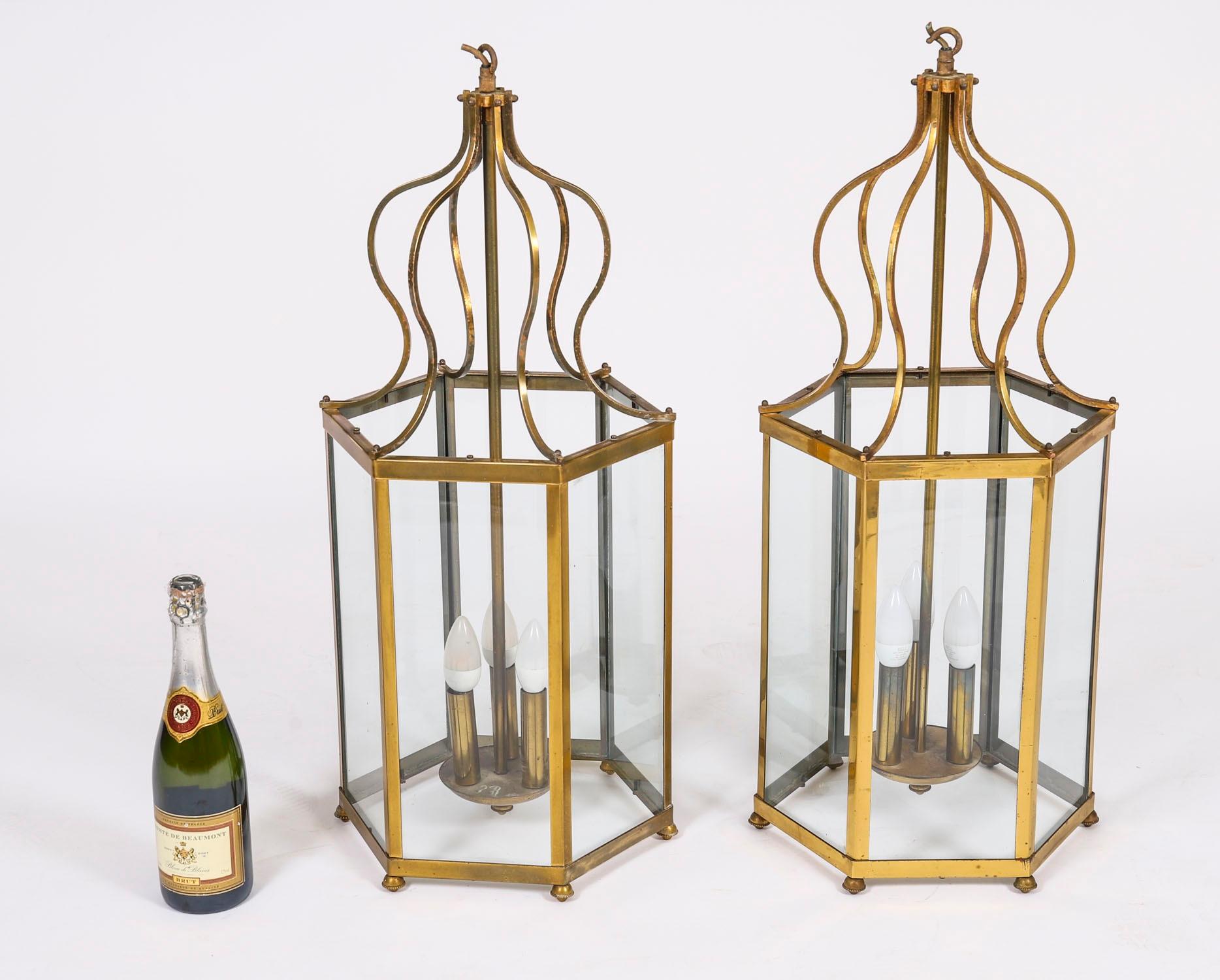 Antique Pair French Brass Hexagonal Hall Three Light Lanterns Circa1900 For Sale 7