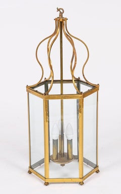 Antique Pair French Brass Hexagonal Hall Three Light Lanterns Circa1900