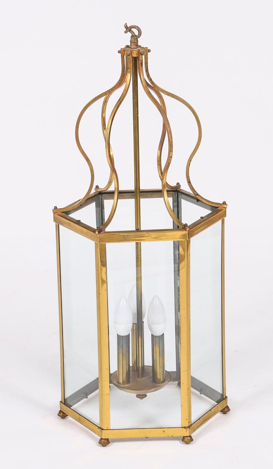 Antique Pair French Brass Hexagonal Hall Three Light Lanterns Circa1900 In Good Condition For Sale In London, GB