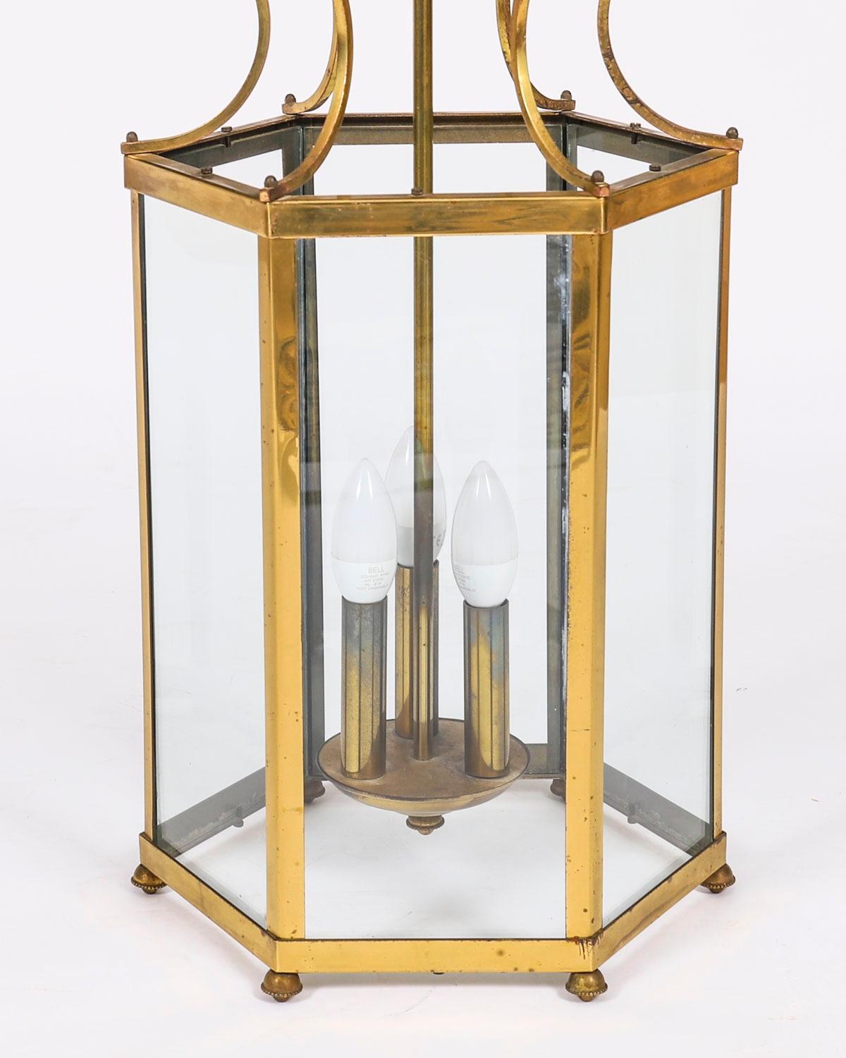 Early 20th Century Antique Pair French Brass Hexagonal Hall Three Light Lanterns Circa1900 For Sale