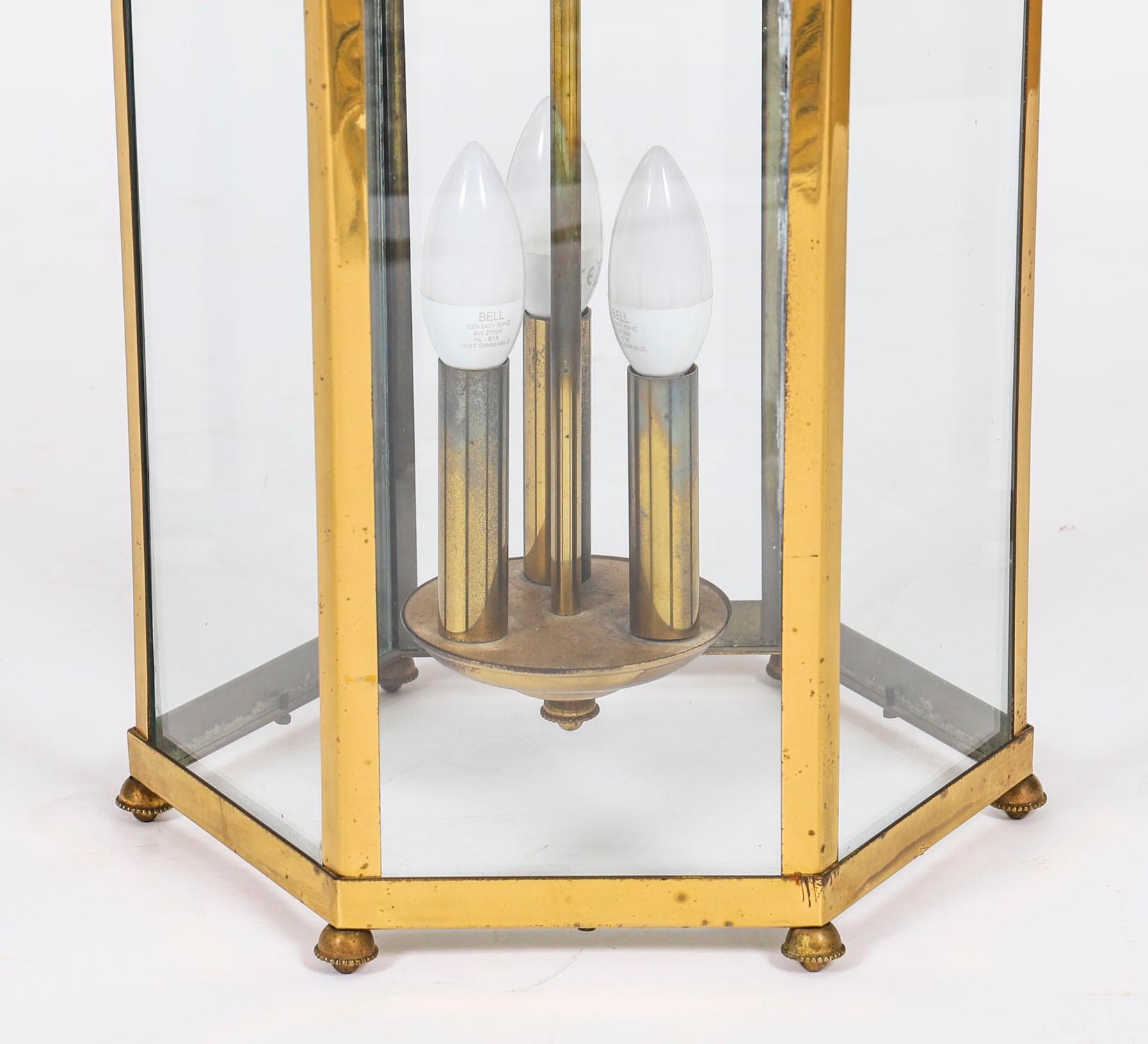 Antique Pair French Brass Hexagonal Hall Three Light Lanterns Circa1900 For Sale 1