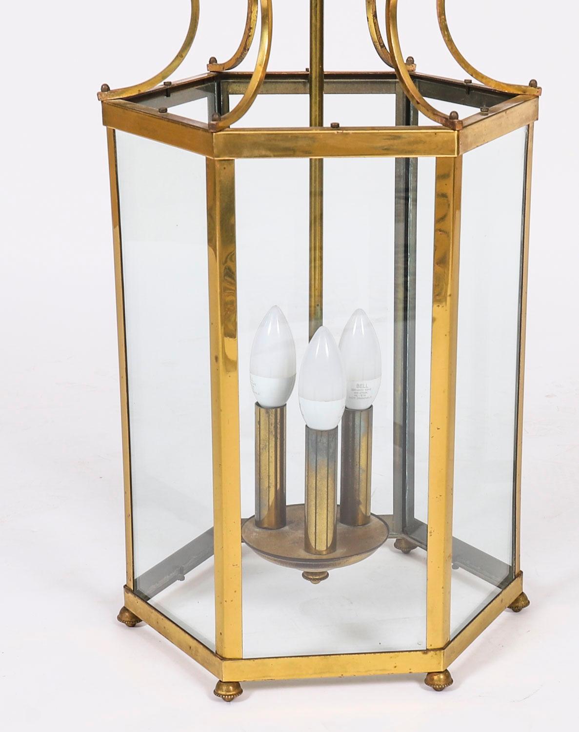 Antique Pair French Brass Hexagonal Hall Three Light Lanterns Circa1900 For Sale 2
