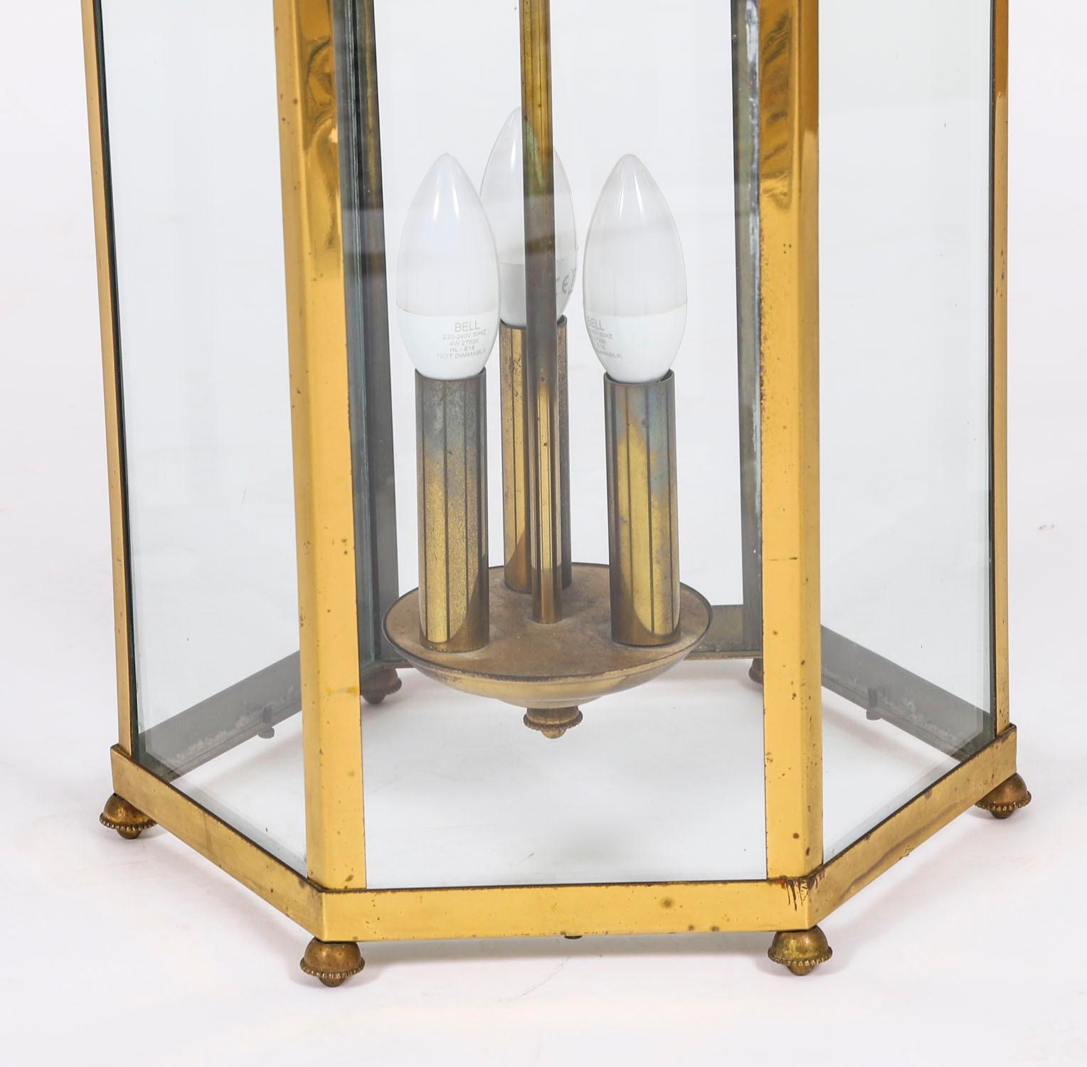 Antique Pair French Brass Hexagonal Hall Three Light Lanterns Circa1900 For Sale 4