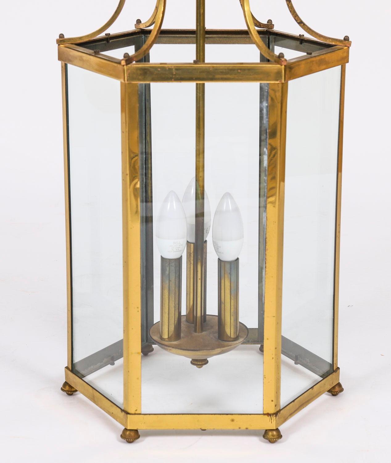 Antique Pair French Brass Hexagonal Hall Three Light Lanterns Circa1900 For Sale 5