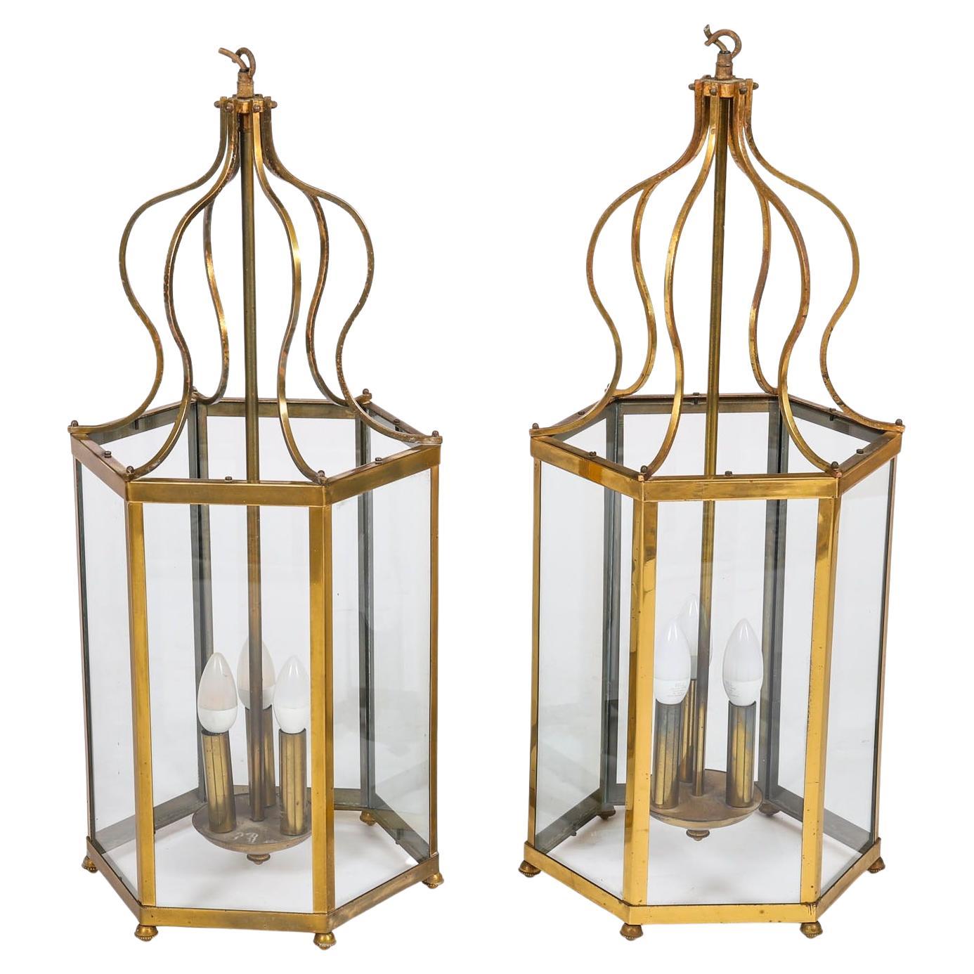 Antique Pair French Brass Hexagonal Hall Three Light Lanterns Circa1900 For Sale