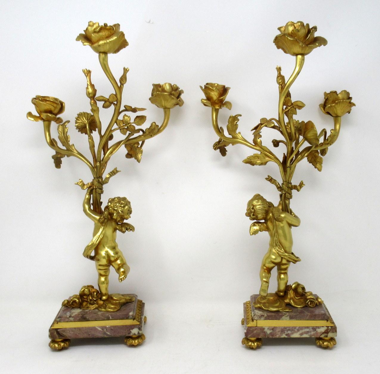 Grand Tour Antique Pair of French Breche Violet Gilt Bronze Ormolu Candelabra Candlestick