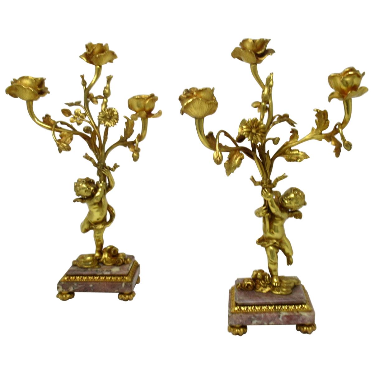 Antique Pair of French Breche Violet Gilt Bronze Ormolu Candelabra Candlestick