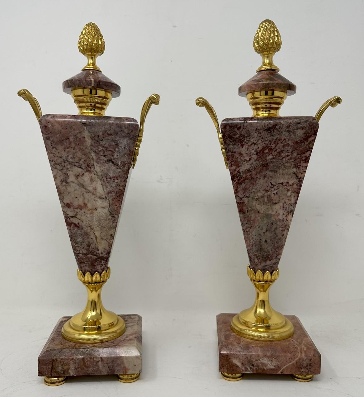 Grand Tour Antique Pair French Breche Violet Marble Gilt Bronze Ormolu Urns Vases Art Deco