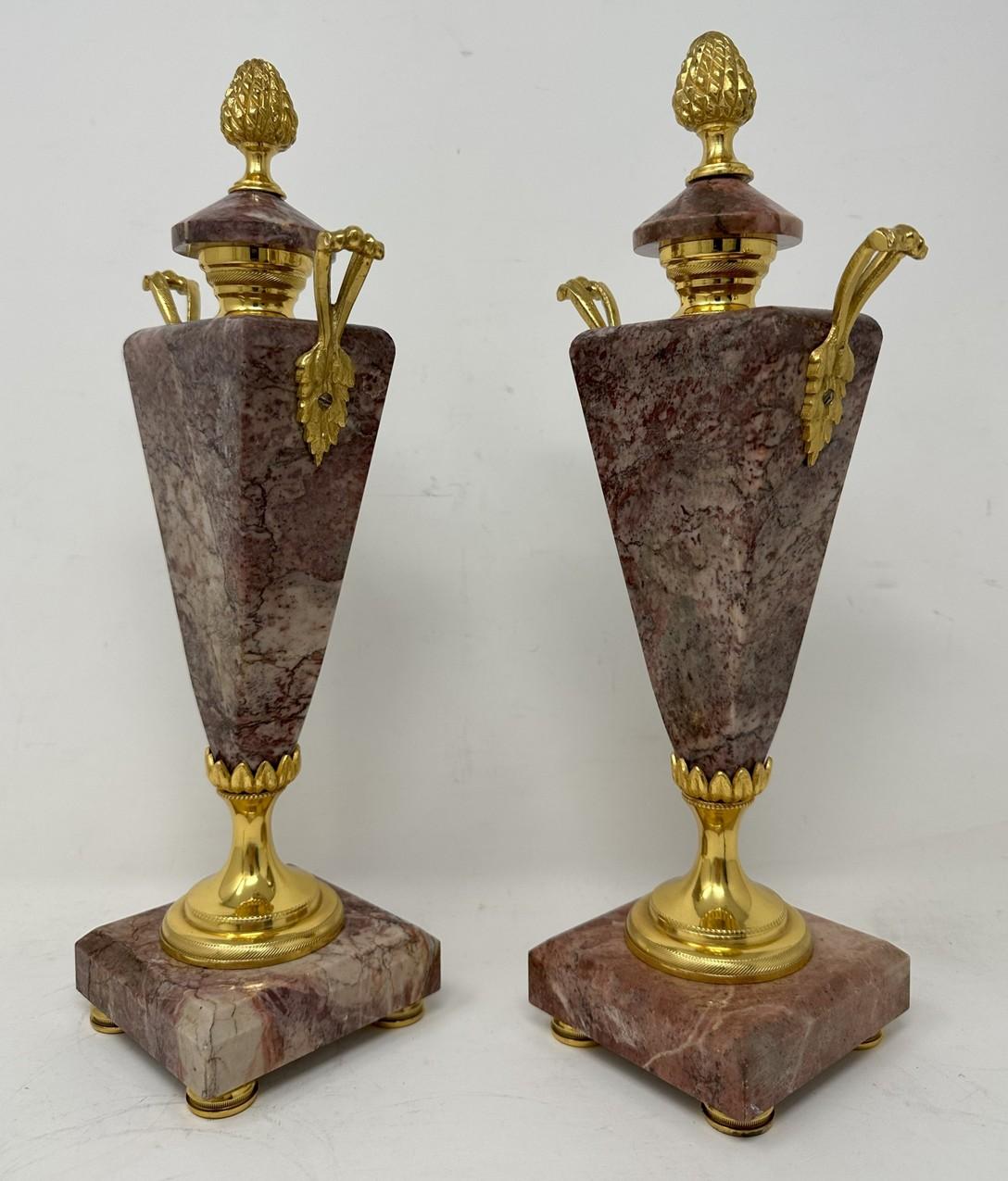 Antique Pair French Breche Violet Marble Gilt Bronze Ormolu Urns Vases Art Deco In Good Condition In Dublin, Ireland