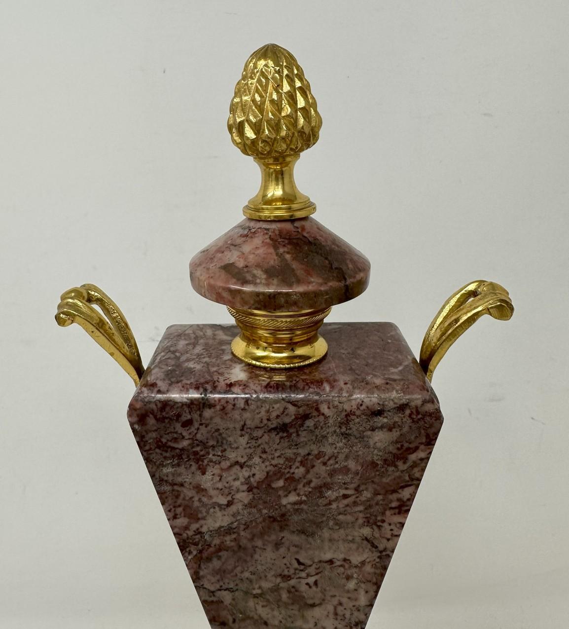 19th Century Antique Pair French Breche Violet Marble Gilt Bronze Ormolu Urns Vases Art Deco