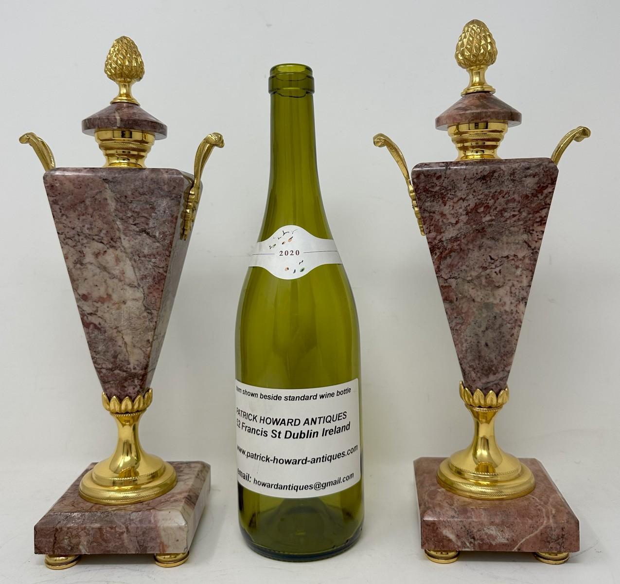 Antique Pair French Breche Violet Marble Gilt Bronze Ormolu Urns Vases Art Deco 2
