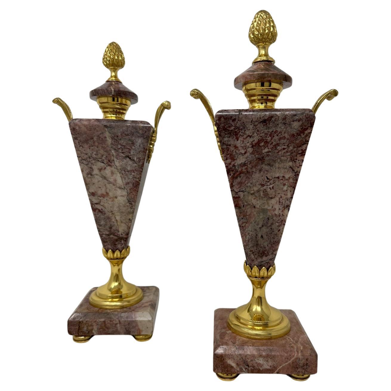 Antique Pair French Breche Violet Marble Gilt Bronze Ormolu Urns Vases Art Deco