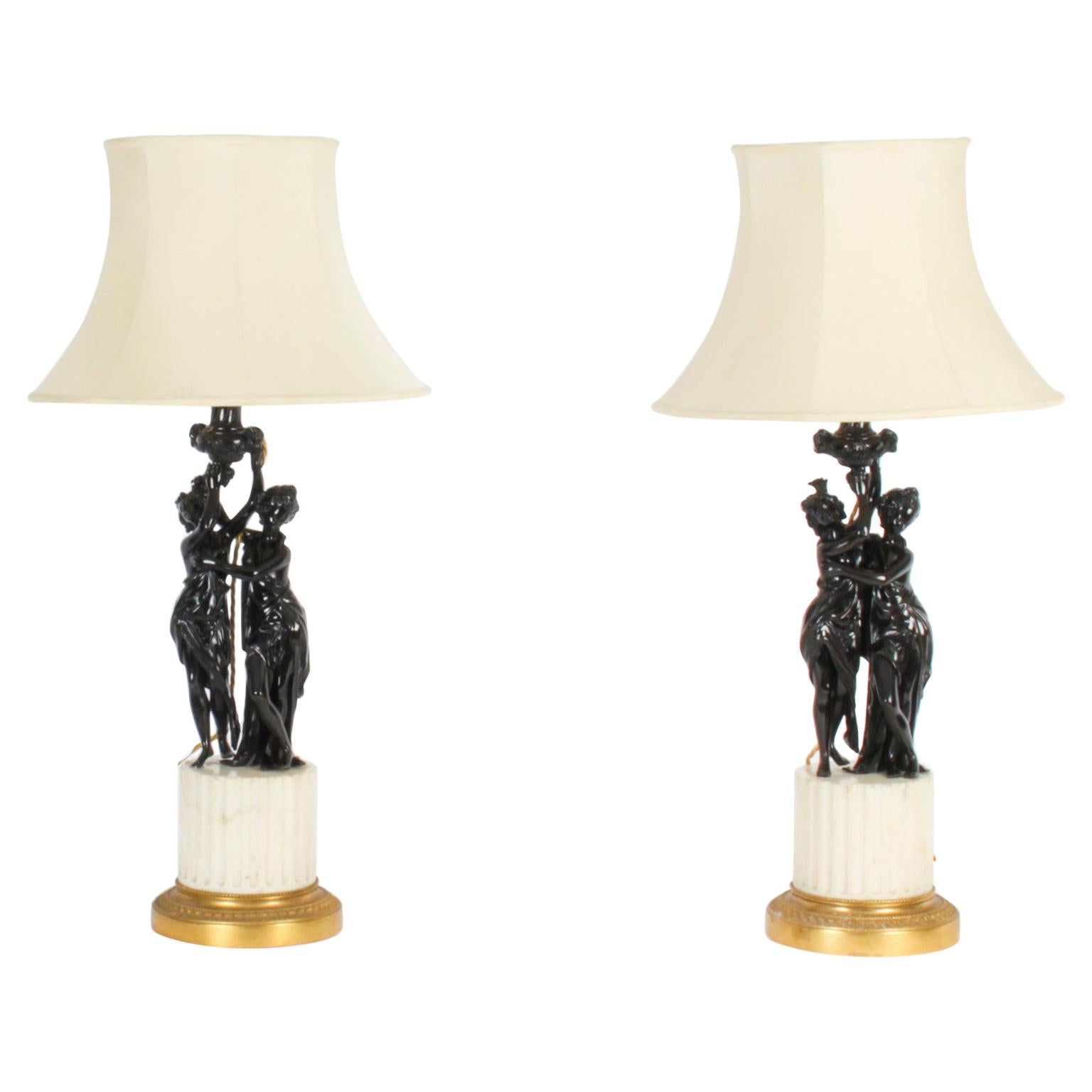 Antique Pair French Bronze Bacchantes Marble Table Lamps, 19th Century For Sale