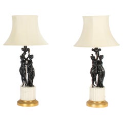 Antique Pair French Bronze Bacchantes Marble Table Lamps, 19th Century