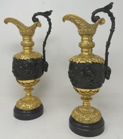 Antique Pair French Bronze Ormolu Ewers Vases Manner of Claude Michel Clodion