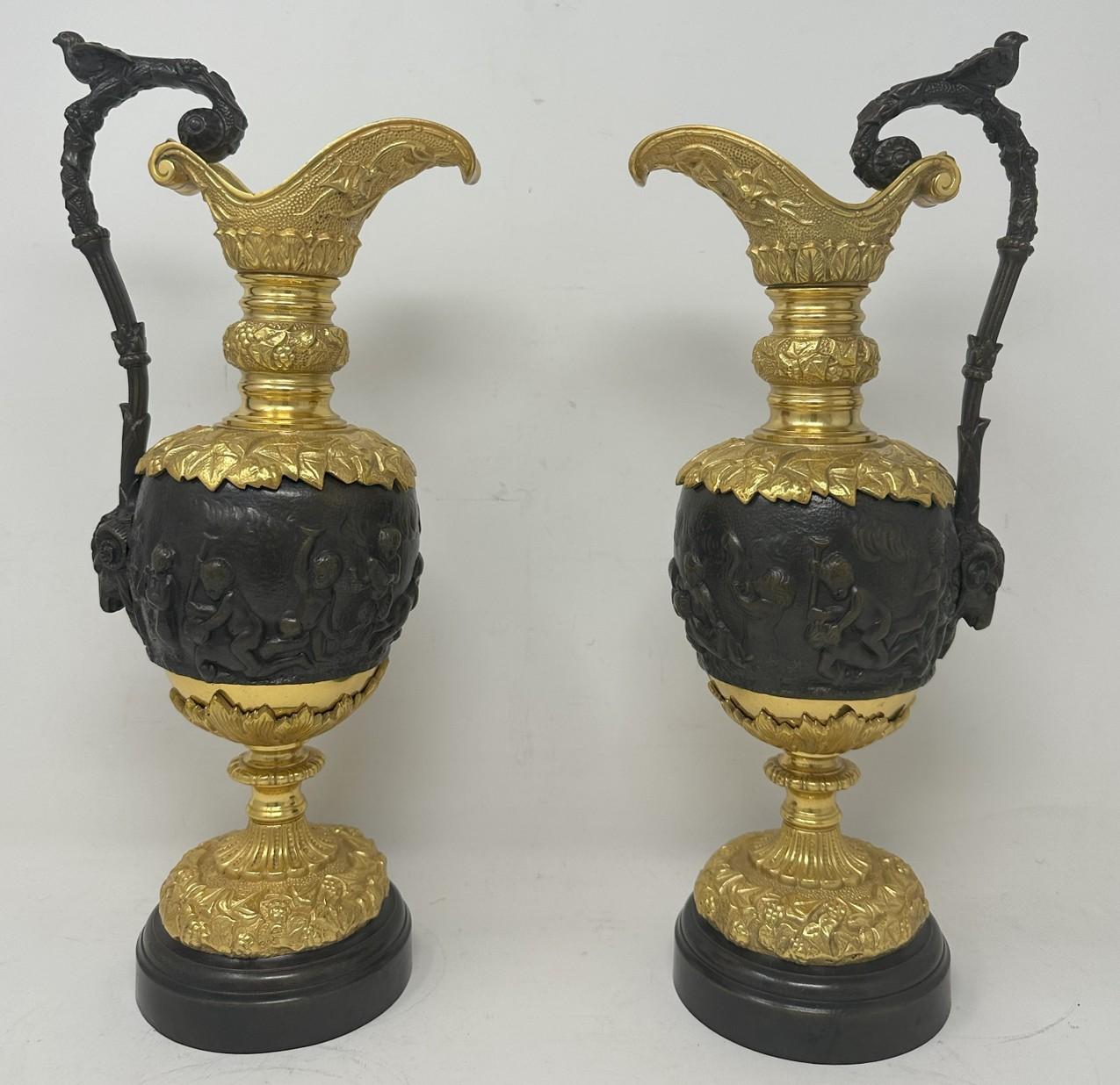 19th Century Antique Pair French Bronze Ormolu Ewers Vases Manner of Claude Michel Clodion