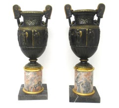Antique Pair French Bronze Ormolu Townley Urns Vases Breche Violette Marble 19Ct
