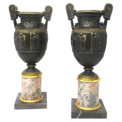 Antique Pair French Bronze Ormolu Townley Urns Vases Breche Violette Marble 19Ct
