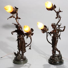 Antique Pair of French Bronzed Metal Figural Newel Post Lamps, circa 1900