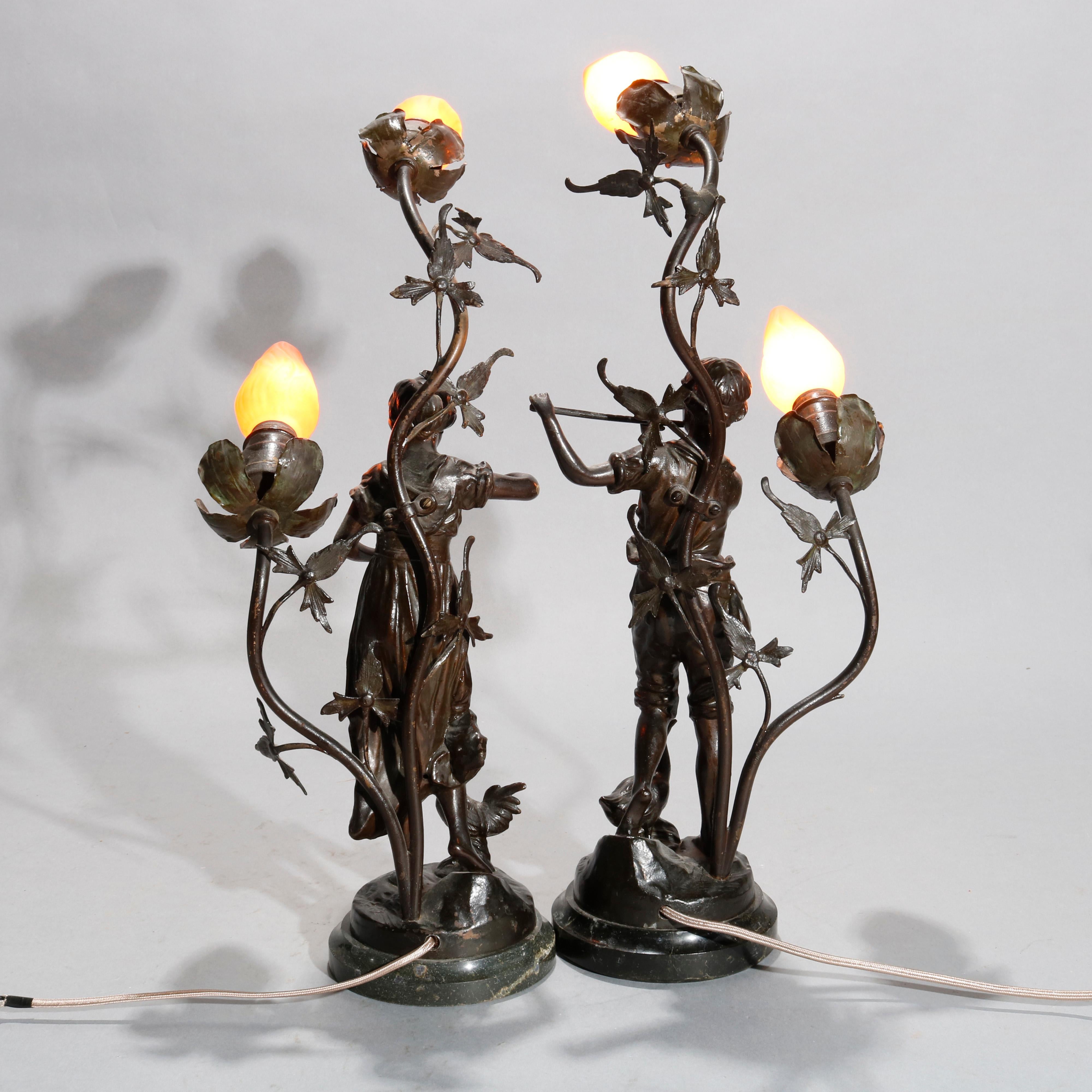Art Nouveau Antique Pair of French Bronzed Metal Figural Newel Post Lamps, circa 1900