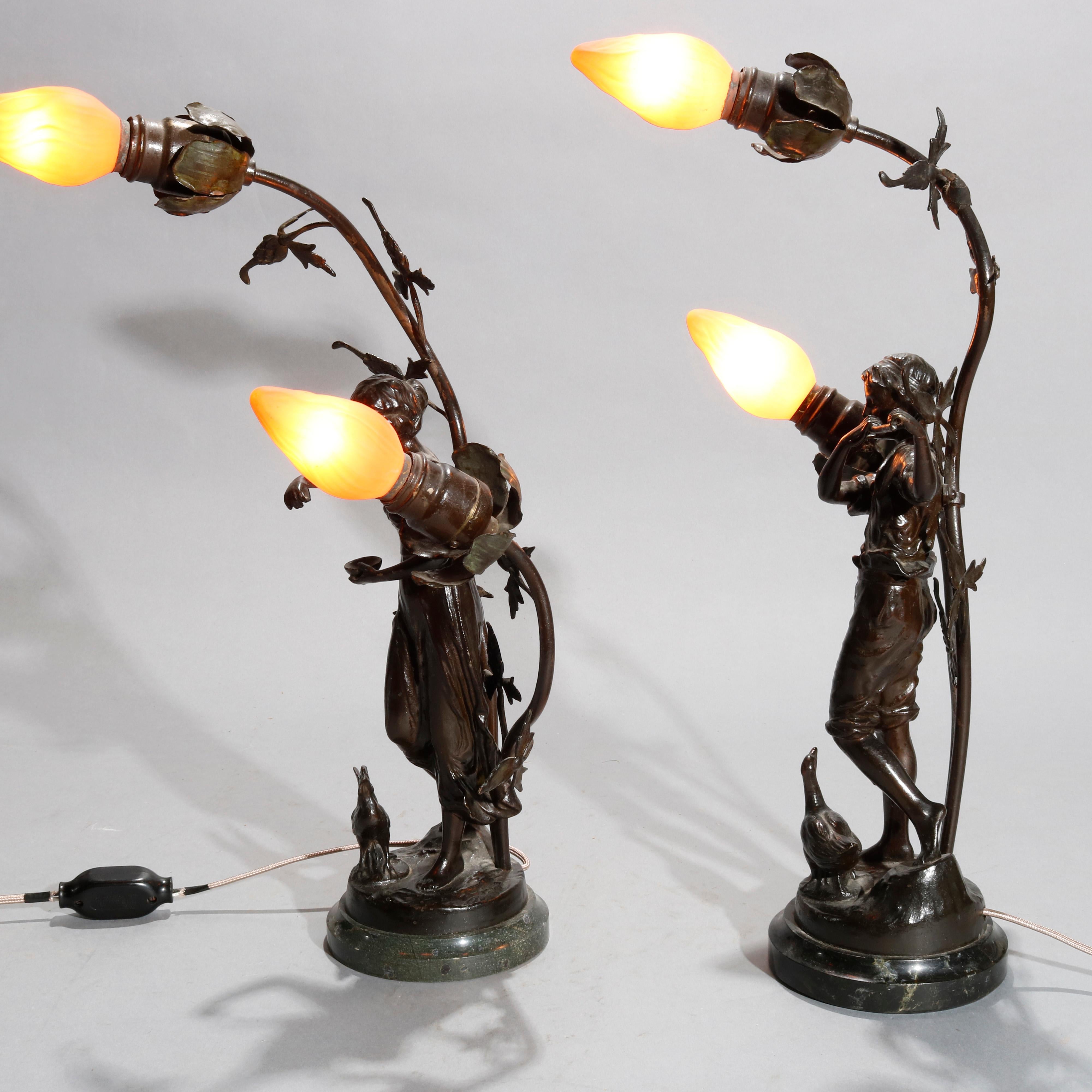 20th Century Antique Pair of French Bronzed Metal Figural Newel Post Lamps, circa 1900