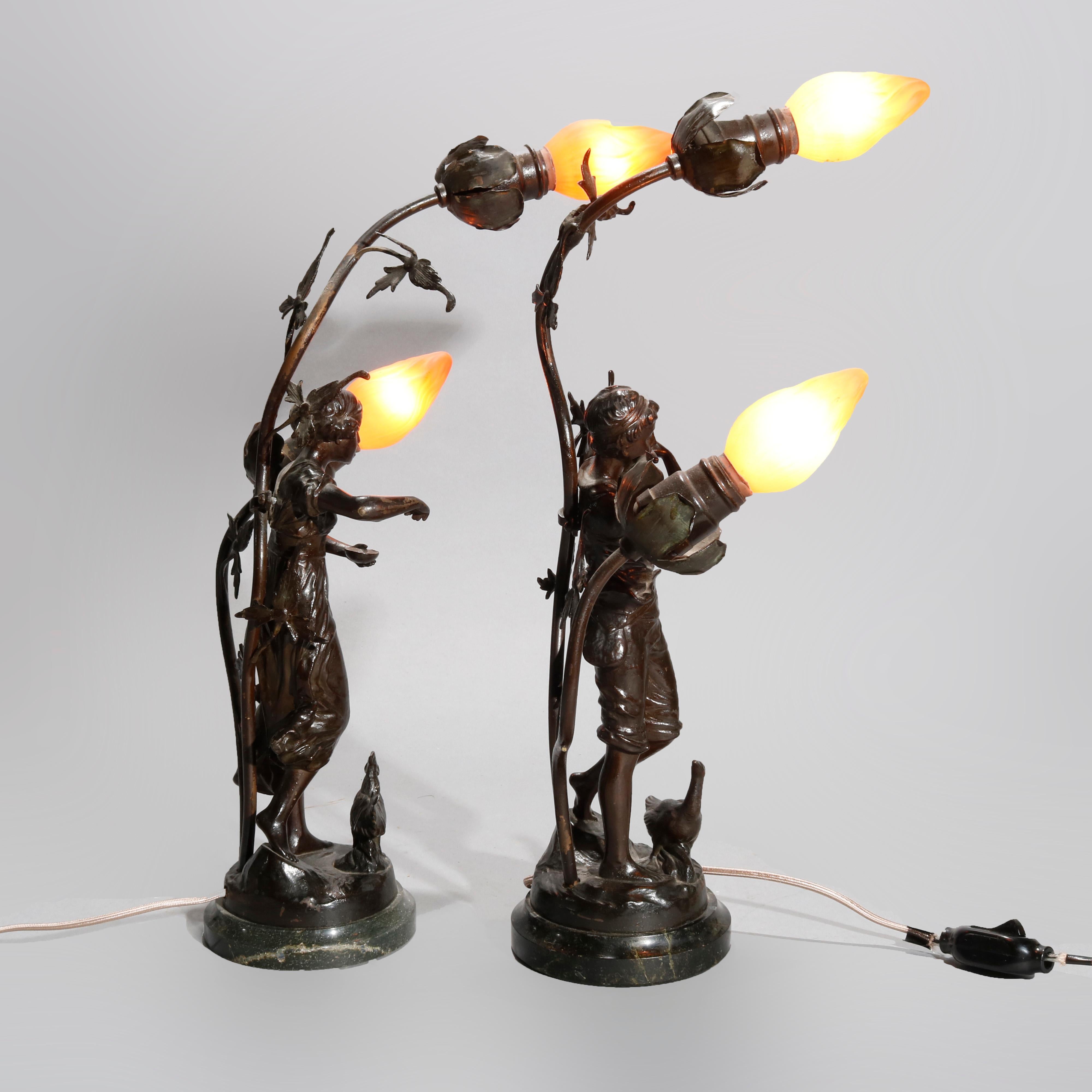 Antique Pair of French Bronzed Metal Figural Newel Post Lamps, circa 1900 1