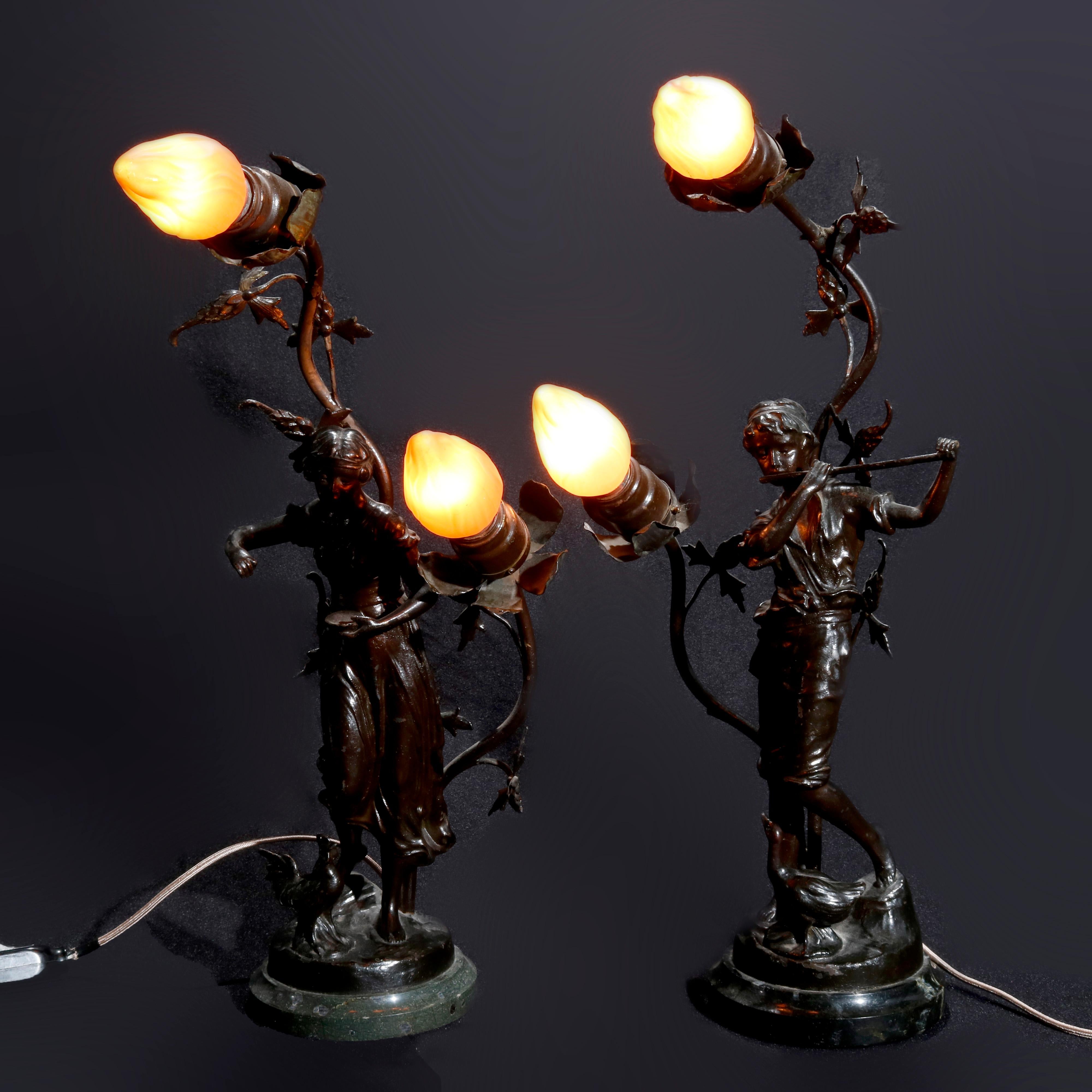 Antique Pair of French Bronzed Metal Figural Newel Post Lamps, circa 1900 3