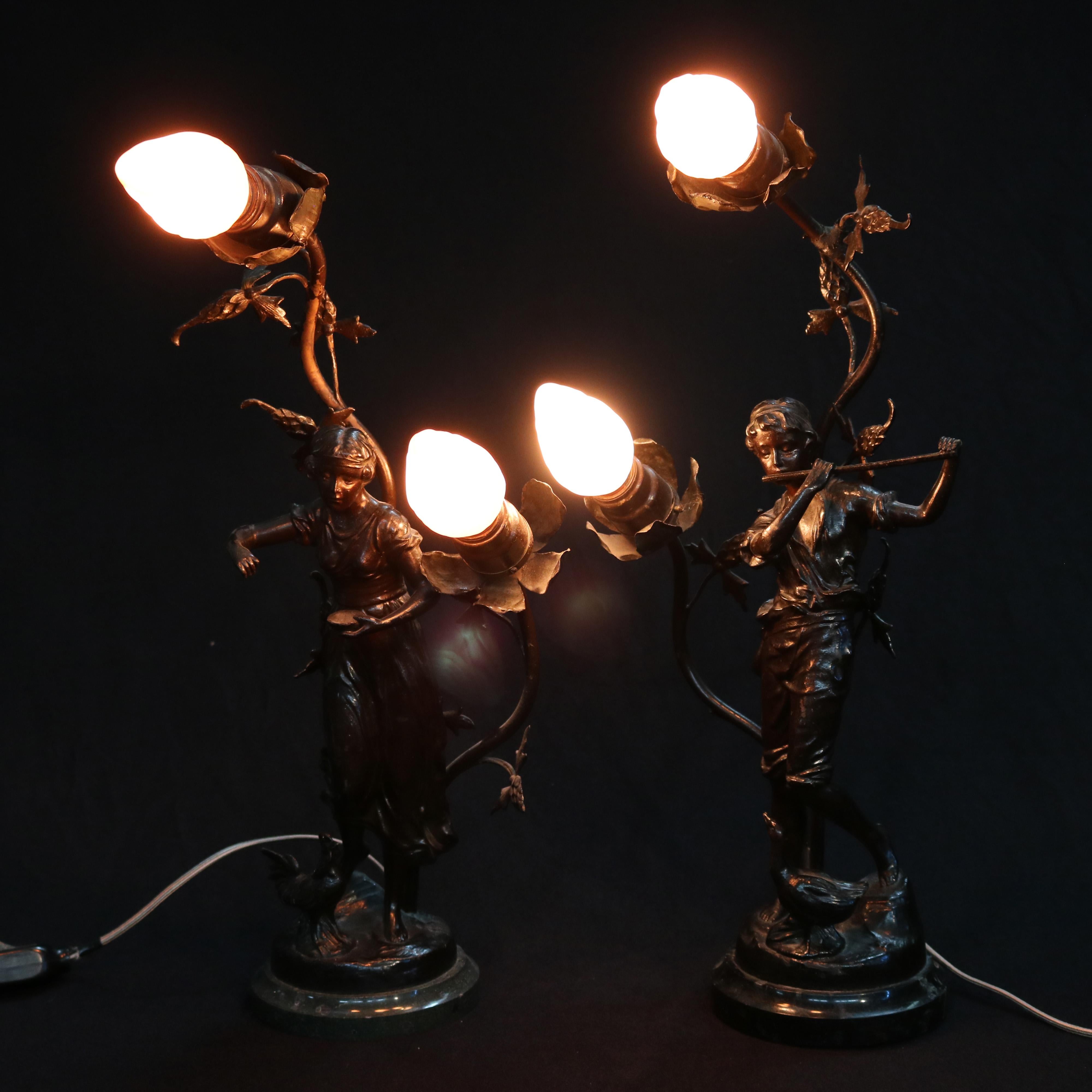 Antique Pair of French Bronzed Metal Figural Newel Post Lamps, circa 1900 4