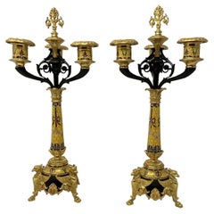 Antique Pair French Champlevé Enamel Ormolu Gilt Bronze Candelabra Candlesticks