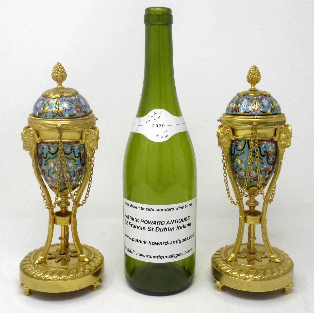 Antique Pair French Champlevé Enamel Ormolu Gilt Bronze Cassolettes Urns Vases 4
