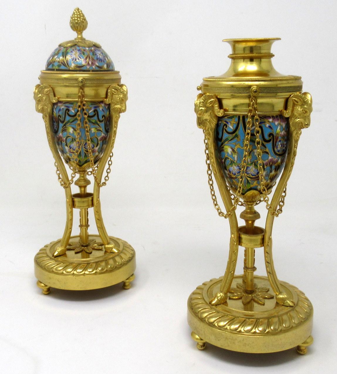 Victorian Antique Pair French Champlevé Enamel Ormolu Gilt Bronze Cassolettes Urns Vases