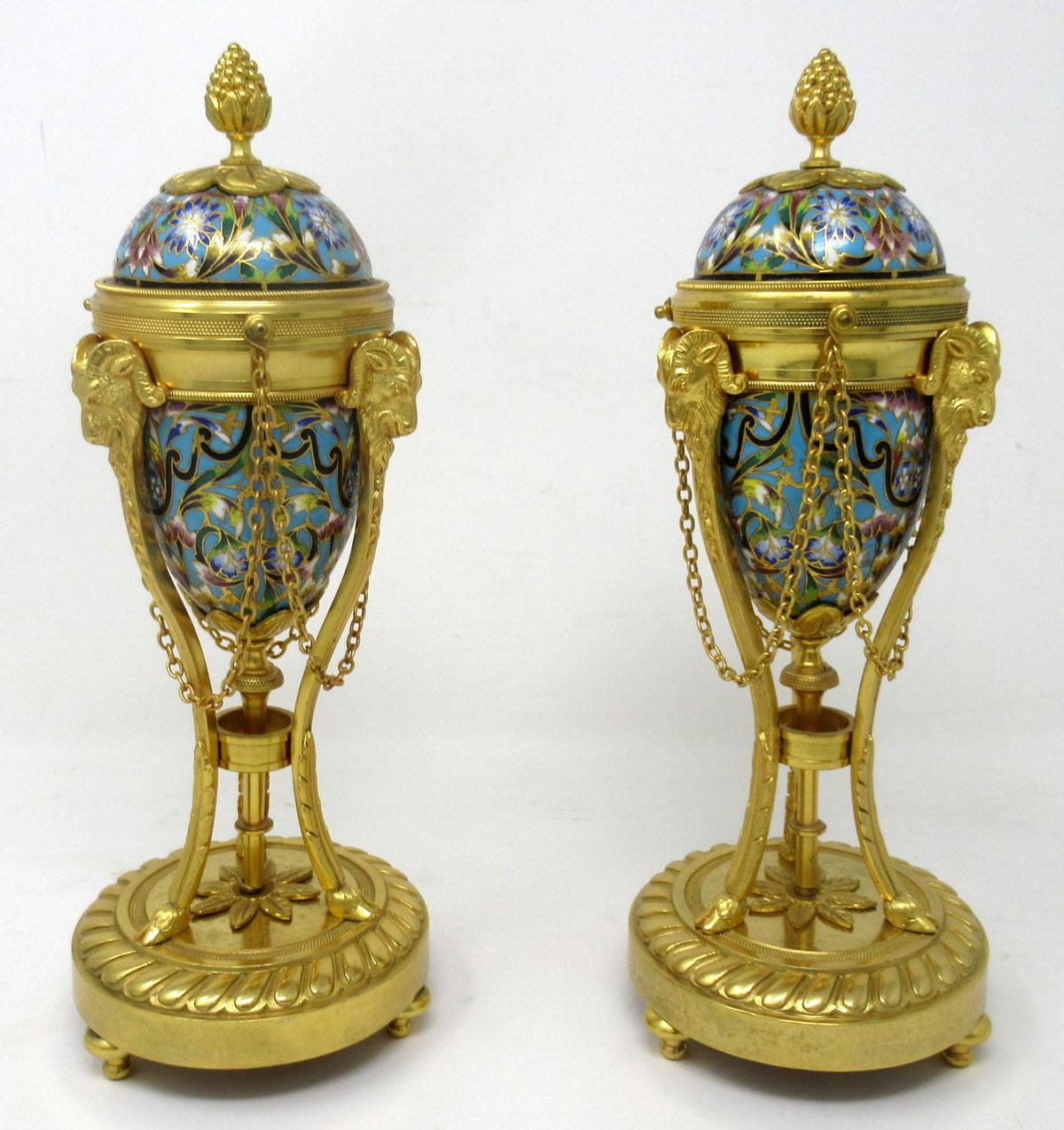 Cast Antique Pair French Champlevé Enamel Ormolu Gilt Bronze Cassolettes Urns Vases