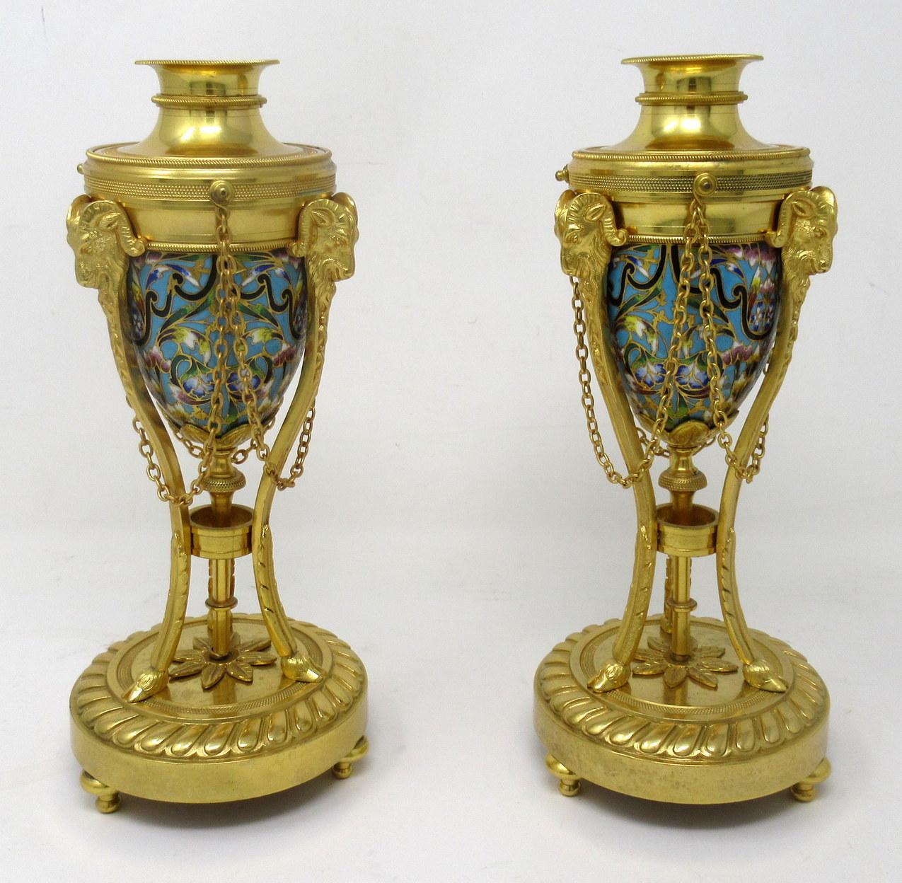 Antique Pair French Champlevé Enamel Ormolu Gilt Bronze Cassolettes Urns Vases In Good Condition In Dublin, Ireland