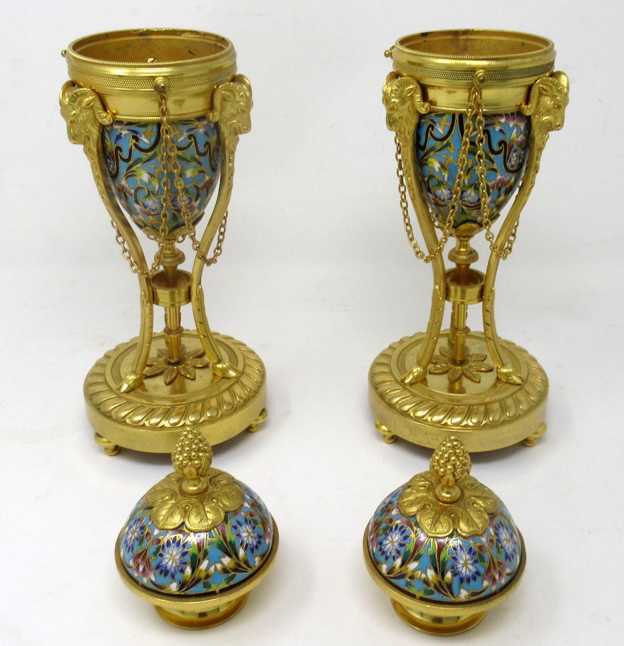 19th Century Antique Pair French Champlevé Enamel Ormolu Gilt Bronze Cassolettes Urns Vases