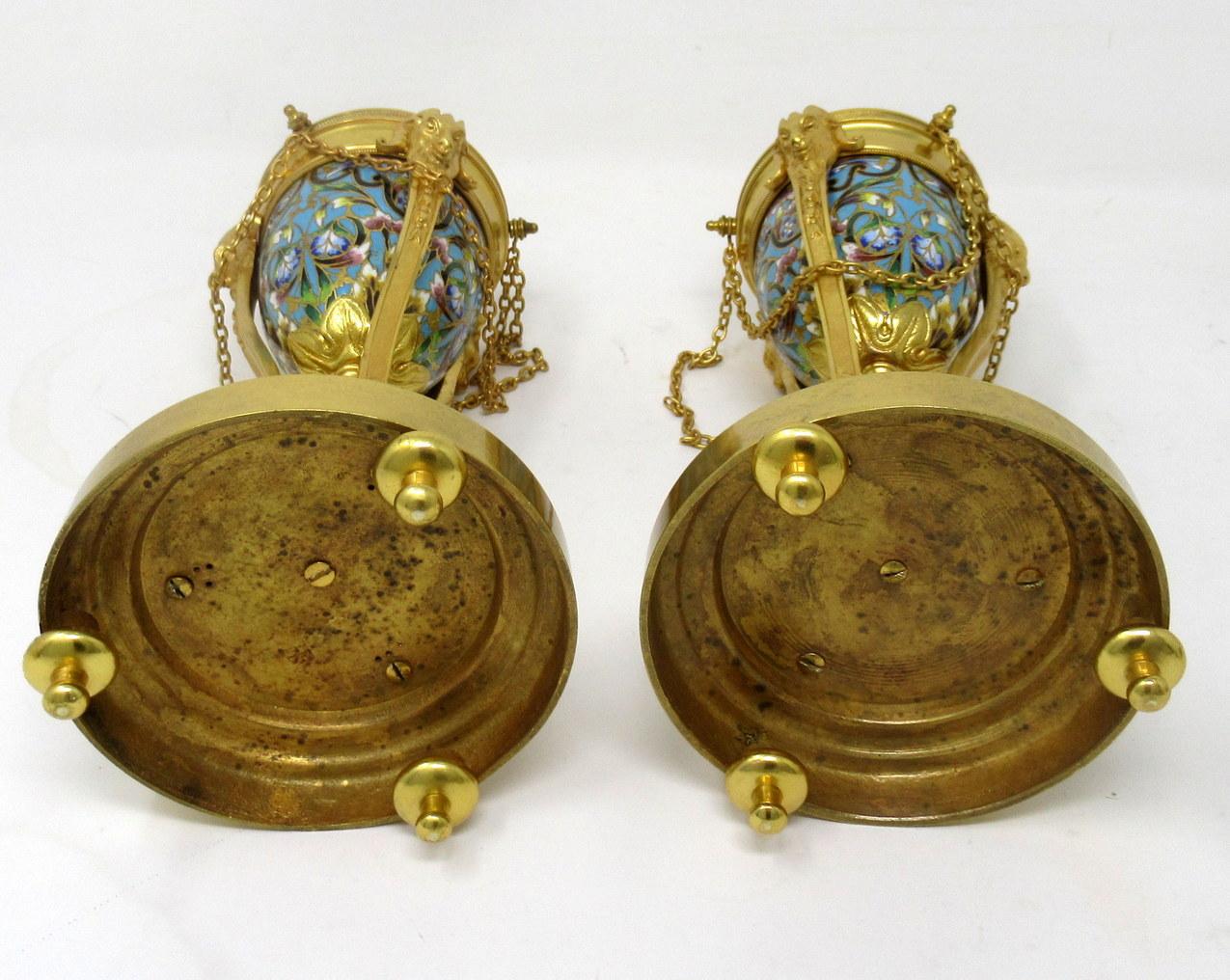 Antique Pair French Champlevé Enamel Ormolu Gilt Bronze Cassolettes Urns Vases 3