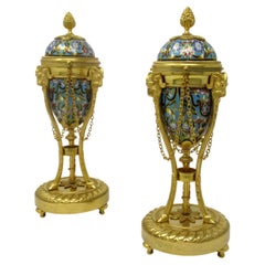 Antique Pair French Champlevé Enamel Ormolu Gilt Bronze Cassolettes Urns Vases