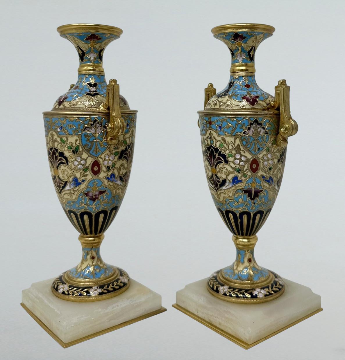 Victorian Antique Pair French Cloisonne Champlevé Alabaster Ormolu Gilt Bronze Vase Urns  For Sale