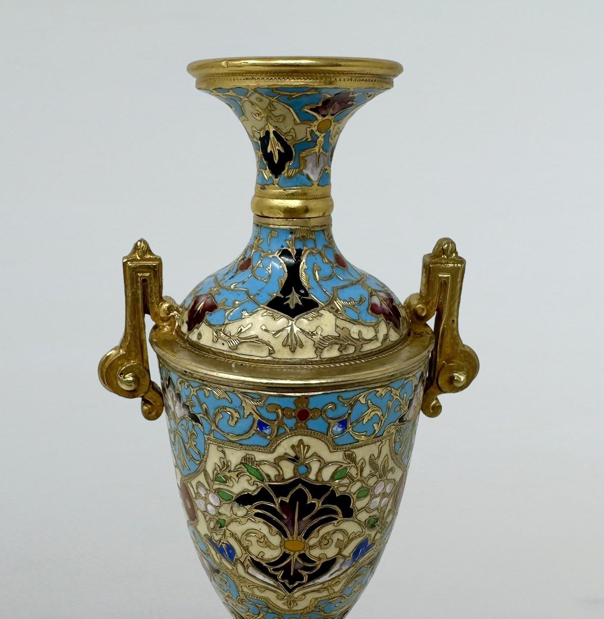 Cast Antique Pair French Cloisonne Champlevé Alabaster Ormolu Gilt Bronze Vase Urns  For Sale