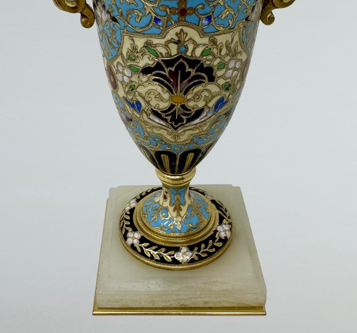 Antique Pair French Cloisonne Champlevé Alabaster Ormolu Gilt Bronze Vase Urns  In Good Condition For Sale In Dublin, Ireland
