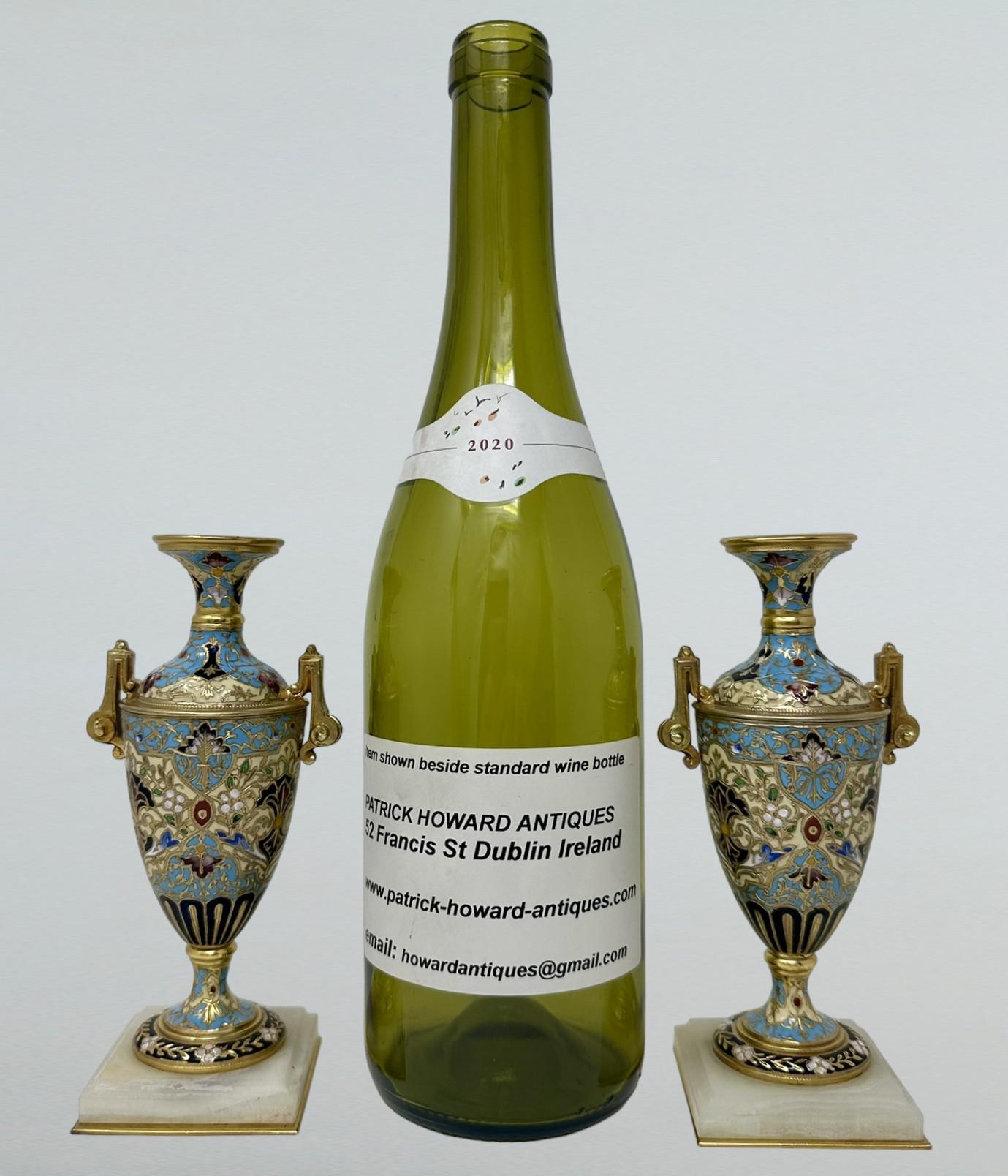 Antique Pair French Cloisonne Champlevé Alabaster Ormolu Gilt Bronze Vase Urns  For Sale 2